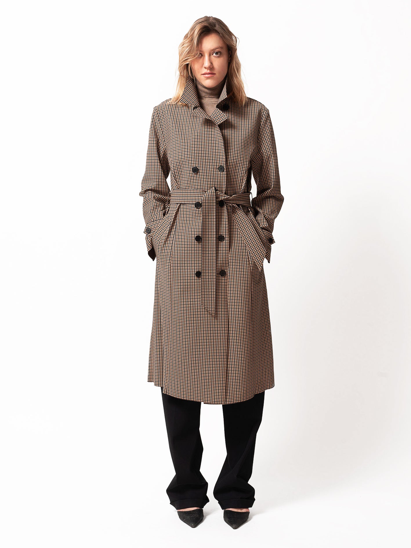 JERSEY TRENCH COAT, Beige Houndstooth